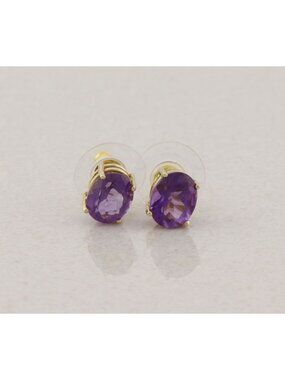 14k Yellow Gold Natural Amethyst Earrings Stud Post 3/8" x 1/4" inch
